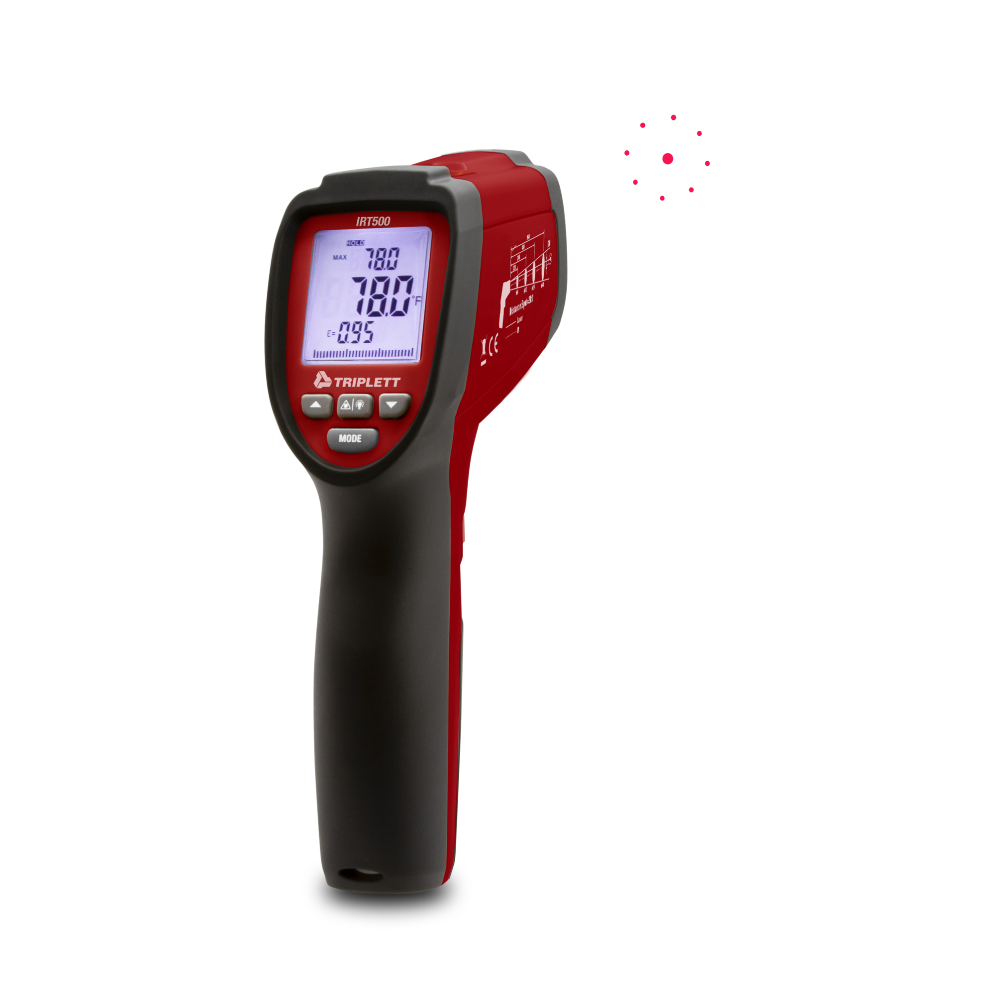 Triplett IR Thermometer — 20:1 Distance Ratio, -58Â°F to 1832Â°F, Circular Laser, High/Low Temp Alarms, Model# IRT500